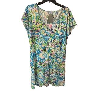 Womens Lilly Pulitzer Daniella Dress Blue Green Sea Soiree Pima Cotton V Neck XL